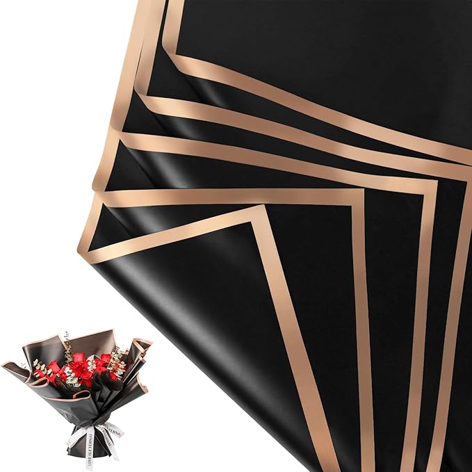 NESCCI 20 Sheets Flower Wrapping Paper - Waterproof Floral Bouquet Wrapping Paper, Florist Supplies Packaging Paper for Wedding Birthday Gift DIY (Black)