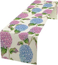 Spring Hydrangea Flower Table Runner, Seasonal Summer Plants Watercolor Pink Purple Florals Dinner Runner for Home Kitchen Dining Table Party Holiday Decoration 13"x90"
