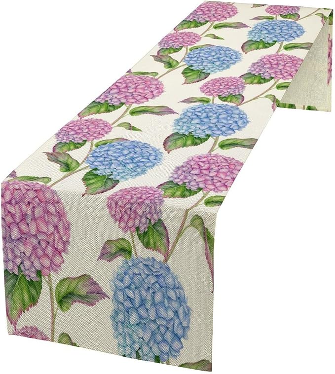Spring Hydrangea Flower Table Runner, Seasonal Summer Plants Watercolor Pink Purple Florals Dinner Runner for Home Kitchen Dining Table Party Holiday Decoration 13"x108"