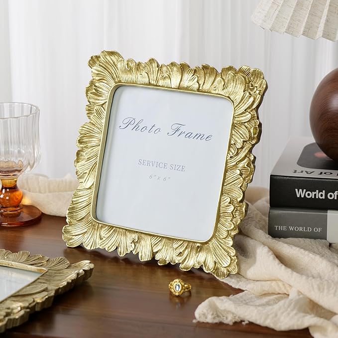 Cuspin 6x6 Gold Picture Frame, Vintage Gold Palm Leaves Textured Hand-Crafted Resin Frames with Glass Front, Retro Square Photo Frame for Wall and Tabletop Display Home Decor