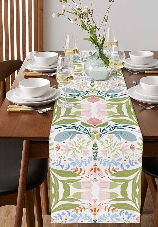 Green Blue Pink Boho Floral Cotton Linen Table Runner for Dining Kitchen, Wedding Outdoor Party Tablerunners Decoration, Retro Bohemian Botanical Dresser Scarf Coffee Tablecloth Runners 13x90 Inches