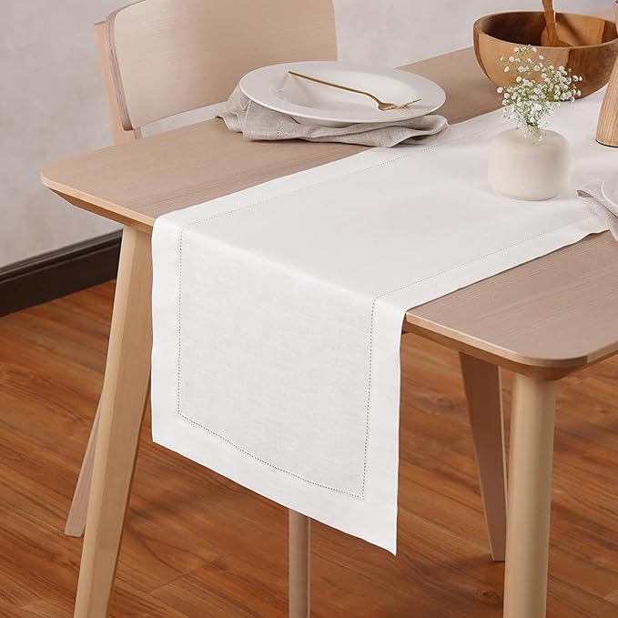 Linen Table Runner 14 x 120 Inch Long - 100% Pure Linen Christmas White Table Runner - Cloth Fabric Hemstitch Runner for Thanksgiving, Christmas, Winter, New Year - Elara