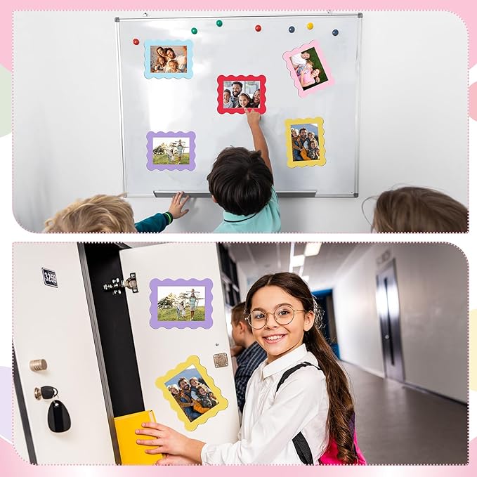 Kingdder 12 Pcs Scalloped Magnetic Picture Frame for Refrigerator 2.5 x 3.5 Pastel Reusable Picture Frame Magnets Decorative Photo Holders for Fridge Home School Office Kitchen Locker