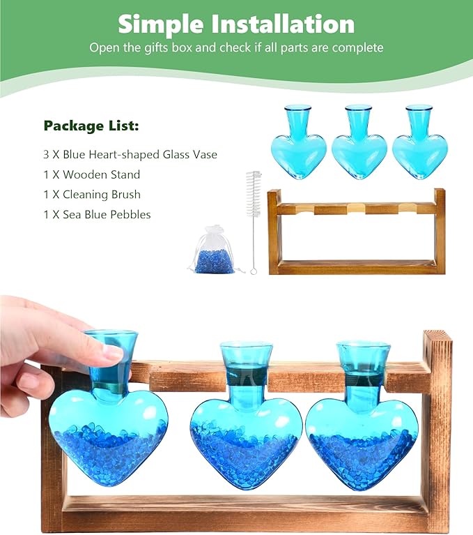 Terrarium Set with Wood Stand, 3 Glass Bulb Vases, Blue Stone