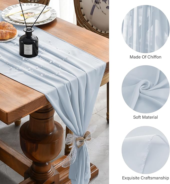 2 Pack 10 Ft Chiffon Table Runner Baby Blue Gauze Long Table Runners 27x120 Inches Sheer Tulle Table Runner for Rustic Wedding Reception Bridal Shower Decorations Birthday Party