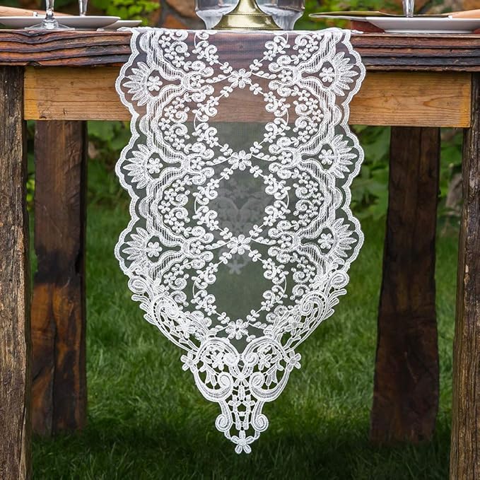 ARTABLE Rectangle Table Runner Lace Macrame Embroidered Table Runners with Exquisite Vintage Shabby Chic for Holiday Wedding Long Dinner Tables (White, 12 x 60 Inch)