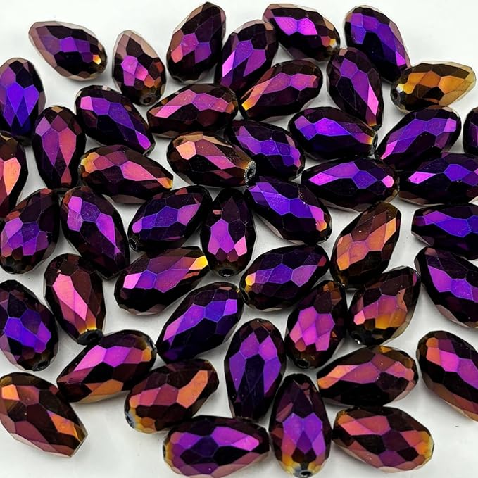 130pcs 6x8mm Teardrop Crystal Glass Beads for Jewelry Making, Faceted Vertical Hole Teardrop Glass Spacer Beads for Wind Chimes Bracelet Earring Necklace DIY Craft(Purple Light)