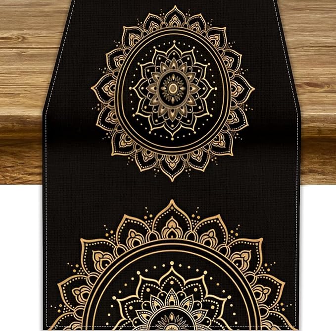 Golden Mandala Table Runner, Traditional Indian Gold Black Flower Vintage Luxury Bohemian Mandala Table Runner for Home Kitchen Dinning Table Indoor Outdoor Holiday, 13x120inch