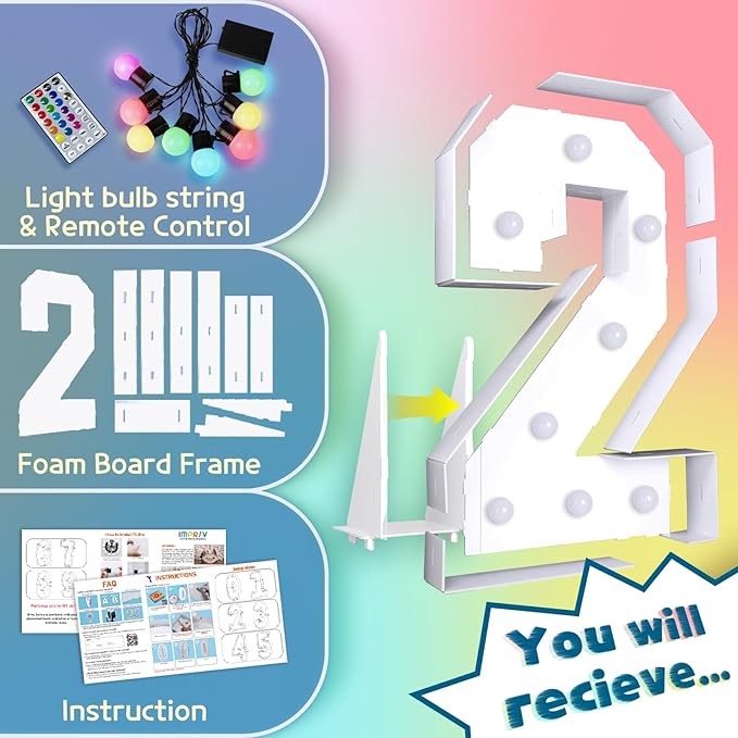 Marquee Number Light Sign 2, 3 ft LED Party Decor with Remote