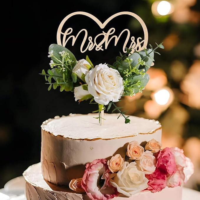 Non-Edible Wood Heart Cake Topper with 3D Flowers, 6.5 x 8.4 Inches