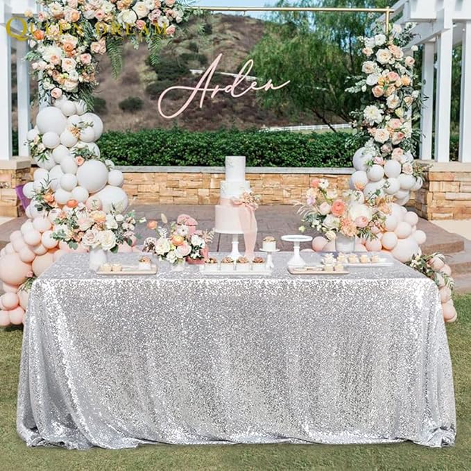 QueenDream Sequin Tablecloth 60x102 Inch Silver Tablecloth Christmas Glitter Tablecloth 6ft for Baby Shower Party Christmas Decorations