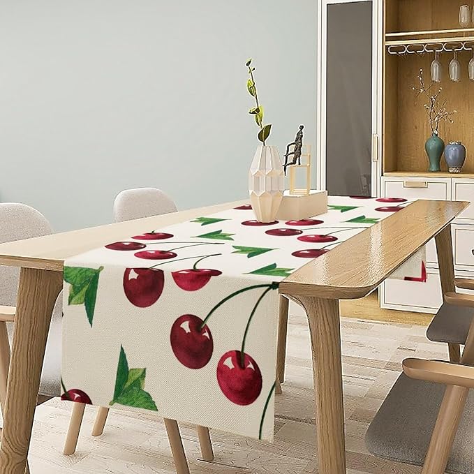 Red Cherry Table Runner Watercolor Tropical Fruit Spring Summer Wild Berry Dinner Runner for Girl Baby Party Holiday Home Kitchen Dining Table Decor 13x60
