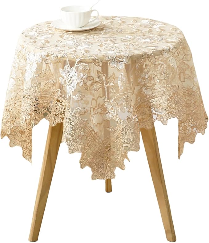 Lace Tablecloth Round Lace Vintage Round Tablecloth Decorative Exquisite Border Table Cover for Party Wedding Home Decorations, Round-48, Beige