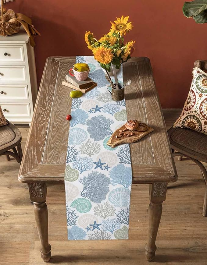 Coastal Coral Cotton Linen Table Runner for Dining Kitchen, Wedding Outdoor Party Tablerunners Decoration, Blue Nautical Starfish Ocean Shell Beach Dresser Scarf Coffee Tablecloth Runners 13''x108''