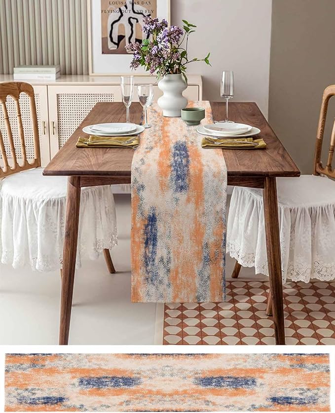 Vintage Oil Painted Cotton Linen Table Runner for Dining Kitchen, Wedding Outdoor Party Tablerunners Decoration, Abstract Modern Orange Minimalist Dresser Scarf Coffee Tablecloth Runners 13x120 Inches