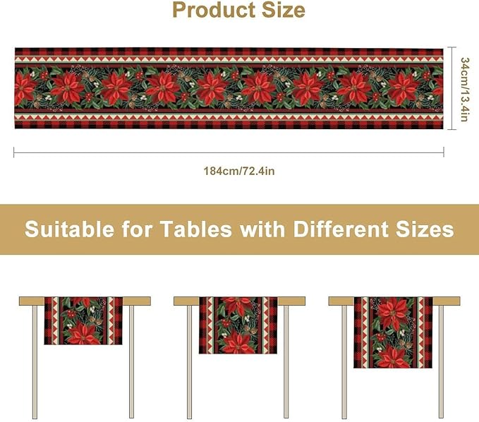 Christmas Table Runner,Seasonal Winter Xmas Holiday Plaid Table Cloth Kitchen Dining Table Decoration for Home Party Decor 13x60 Inch