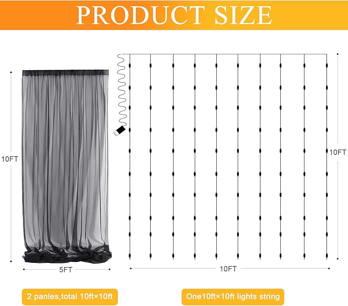 Fomcet Black Tulle Backdrop Curtains with Lights String 10FT X 10FT Sheer Curtains with Lights Tulle Curtain Backdrop for Wedding Birthday Party Photo Shoot (2 Panels 5x10FT)