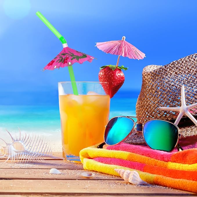 BLUE TOP Umbrella Parasol Cocktail Picks &Cocktail Straws Set- Umbrella Drink Picks100pcs+Umbrella Drink Straws 50pcs Assorted Colors, Great Decoration for Food & Drink,Great for Children's Day