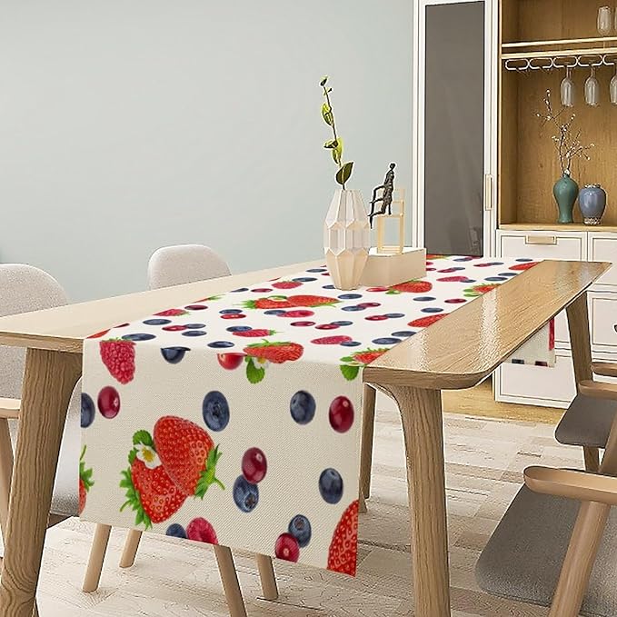 Strawberry Table Runner Spring Summer Fruit Wild Berry Forest Garden Dinner Runner for Farmhouse Party Holiday Home Kitchen Dining Table Decor 13x108