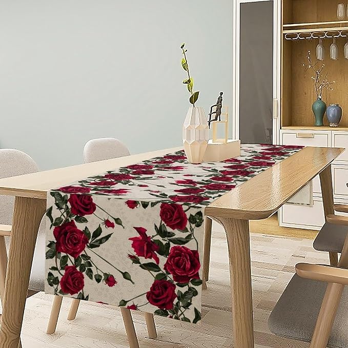 Rose Table Runner, Retro Red Rose Flowers Green Leaves Valentine's Day Kitchen Dinning Table Runner for Indoor Outdoor Home Wedding Party Holiday, 13x108 Inch