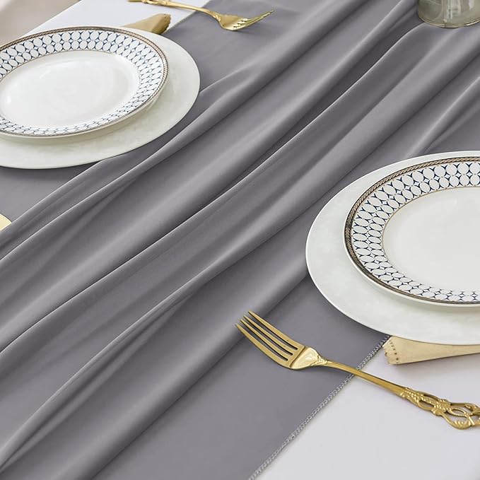 2 Pack 10 Ft Chiffon Table Runner Grey Gauze Long Table Runners 27x120 Inches Sheer Tulle Table Runner for Rustic Wedding Reception Bridal Shower Decorations Birthday Party