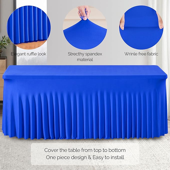 Wish Care 6 Pack Royal Blue Spandex Table Clothes for 8 Foot Rectangle Tables, 8FT Wrinkle Free Fitted Tablecloths Ruffles Design Table Cloth for Party, Banquet, Wedding and Events
