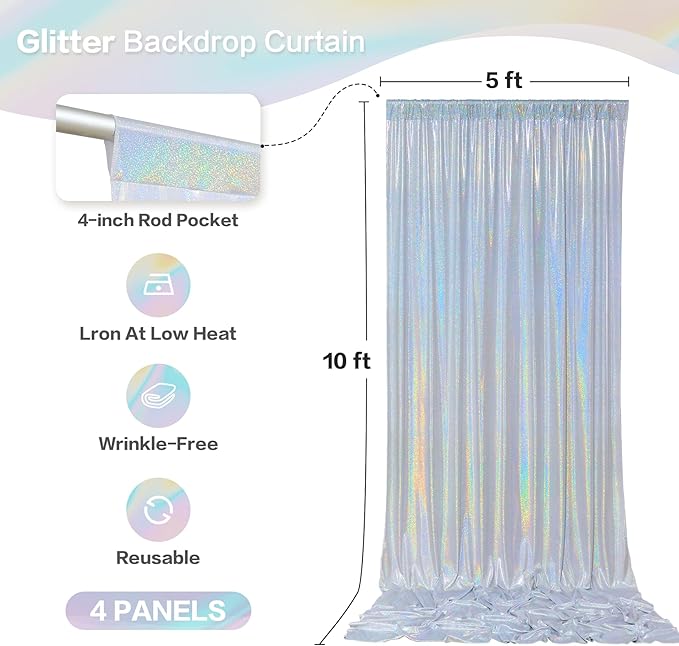 Backdrop Curtain, Laser Silver Sequin, 4 Panels 5x10 ft Each