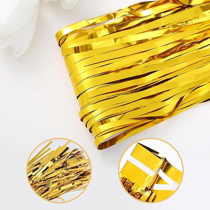 5 Pack Gold Foil Curtain Backdrop 3.2ft x 9.8ft Metallic Tinsel Foil Fringe Curtains Streamer Photo Booth Backdrop for Birthday Party Engagement Bachelorette Party Decorations (Gold)