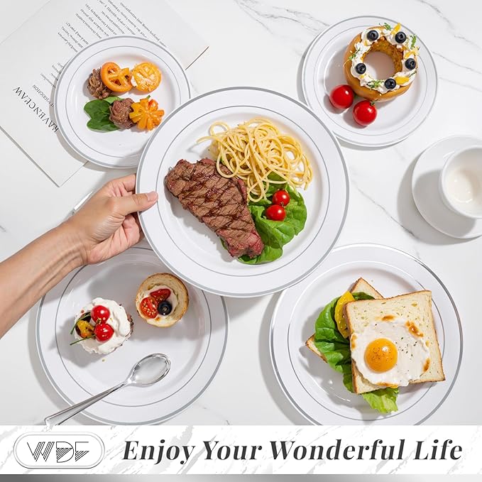 350 Pcs Silver Plastic Plates - Silver Dinnerware Set of 50 Dinner Plates 50 Dessert Plate 50 Silverware 50 Napkins 50 Cups for Christmas Party&Wedding