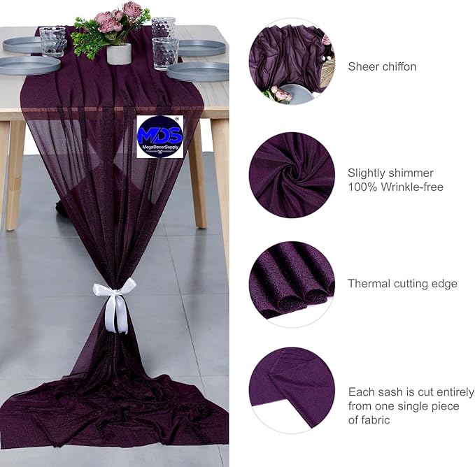 MDS Halloween Chiffon Table Runner - 15 Pack, 29 x 170 Inches, 14ft Each - Sheer Spooky Table Runners for Haunted House Parties, Trick-or-Treat Tables, Witchy Décor, Wedding & Events - Eggplant