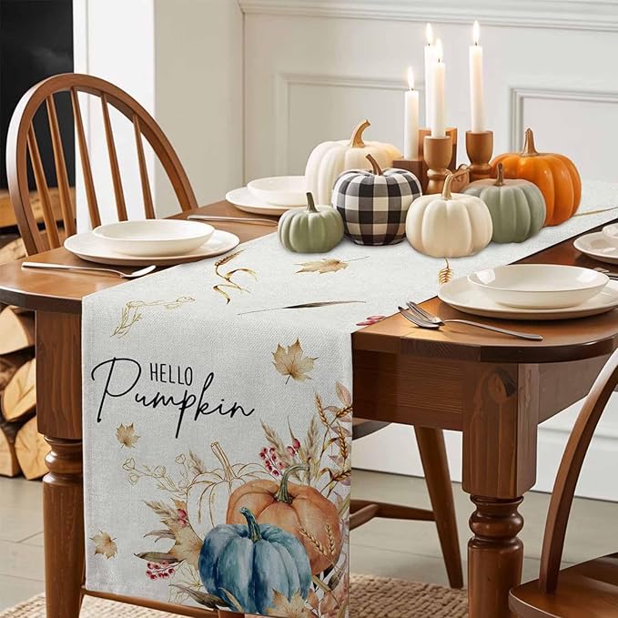 Fall Thanksgiving Cotton Linen Table Runner for Dining Kitchen, Orange Pumpkins Outdoor Party Autumn Tablerunners Decoration, Rustic Wheat Leaves Dresser Scarf Coffee Tablecloth Runners 13x48 Inches