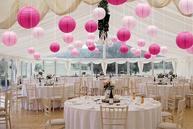 ADLKGG Pink Paper Lanterns Decorative, Hanging Round Paper Lanterns Indoor Outdoor for Graduation Wedding Birthday Baby Showers Decorations, 21pcs