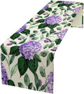 Spring Hydrangea Flower Table Runner, Seasonal Summer Plants Eucalyptus Leaves Purple Florals Dinner Runner for Home Kitchen Dining Table Party Holiday Decoration 13"x90"