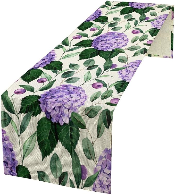 Spring Hydrangea Flower Table Runner, Seasonal Summer Plants Eucalyptus Leaves Purple Florals Dinner Runner for Home Kitchen Dining Table Party Holiday Decoration 13"x108"