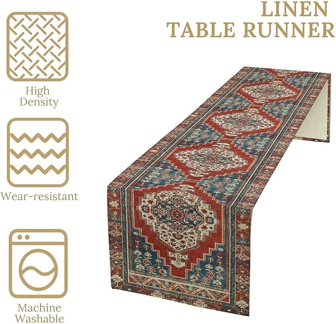 Boho Floral Vintage Table Runner, Red Blue Retro Flower Rustic Country Farmhouse Pattern for Home Kitchen Table Decor Dining Coffee Room Party Decor 13x120in