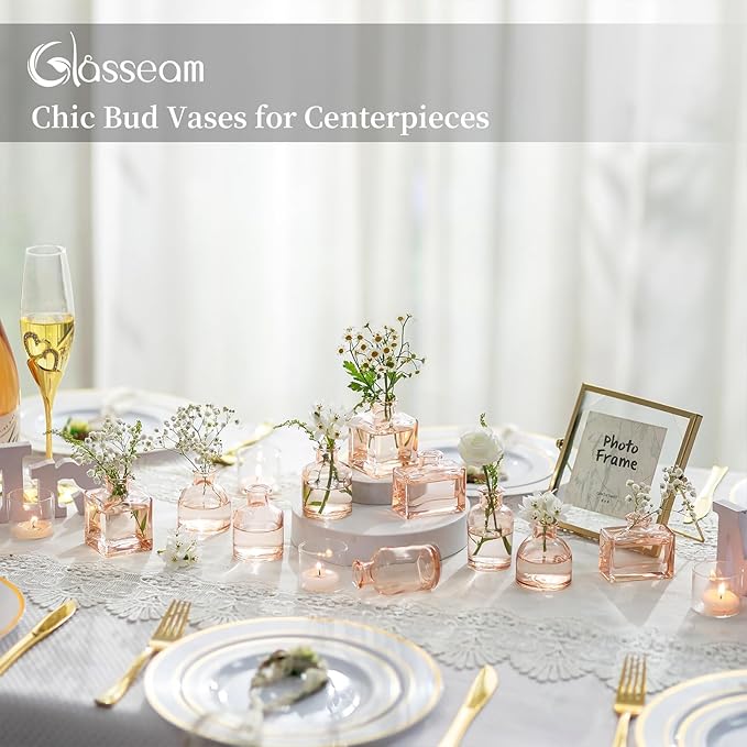 Glasseam Mini Bud Vases for Centerpieces: Clear Small Flower Vase Set of 20 Cute Tiny Glass Table Centerpieces Modern Wedding Birthday Party Baby Shower Dining Room Decoration Champagne