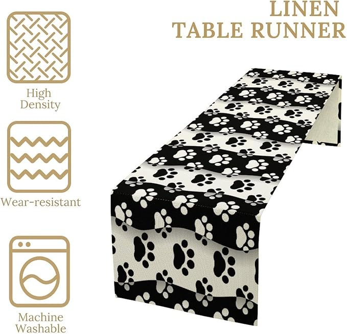 Dog Paw Table Runner,Kid Cute Animal Footprint Black White Theme Design Print Tablecloth Burlap for Hotel Indoors Outdoor Dining Room Kitchen Home Decor,W13X L80 in