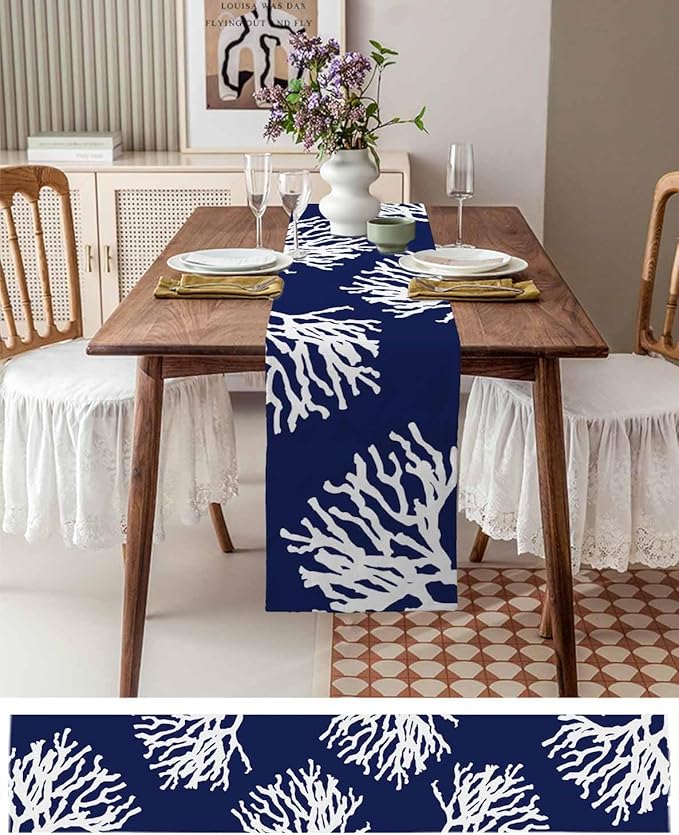 Coastal Coral Cotton Linen Table Runner for Dining Kitchen, Wedding Outdoor Party Tablerunners Decoration, Navy Blue Nautical Ocean Beach Dresser Scarf Coffee Tablecloth Runners 13x60 Inches