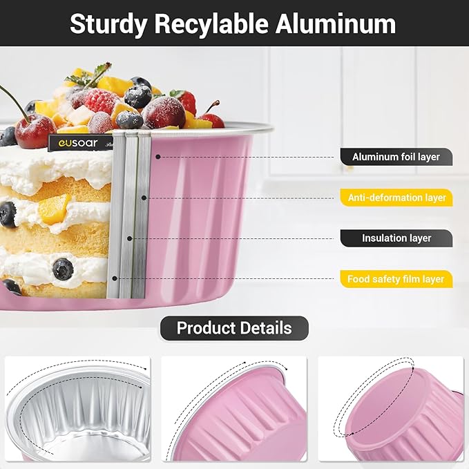 Baking Cups with Clear Lids, Pink Aluminum, 200 Count, 5 oz