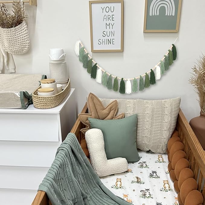Tassel Garland, 20 Yarn Tassels, 65 Inch, Sage Green Boho Wall Decor