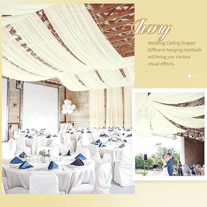 4 Panels Ivory Ceiling Drapes for Wedding 5ftx20ft Sheer Drapery Chiffon Fabric Arch Draping Curtains for Party Ceremony Birthday Baby Shower Reception Stage Ceiling Decorations