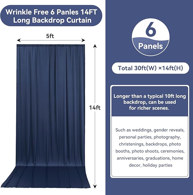 30ftx14FT Wrinkle Free Navy Blue Backdrop Curtain, 6 Panels 14FT Height Navy Blue Wedding Backdrop Drapes, Silky Polyester Back Drop Cloth for Birthday Photography Background Party Backdrop Draping