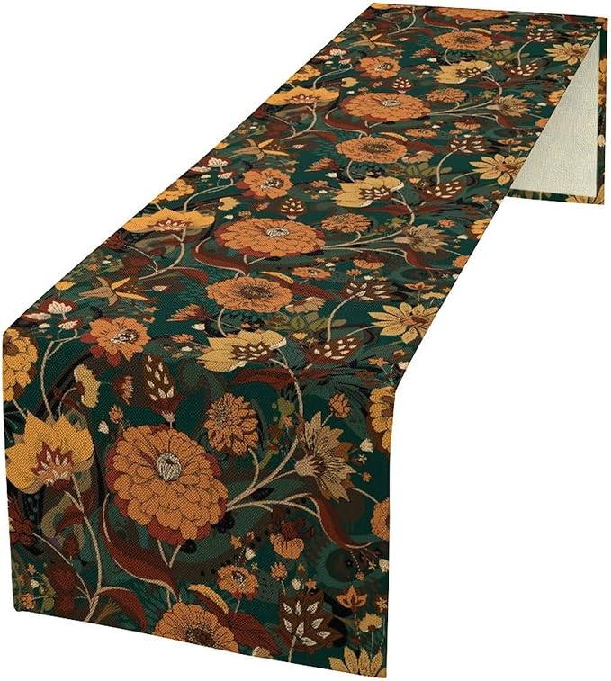 Orange Boho Floral Table Runner, Vintage Bohemian Home Kitchen Table Decoration for Birthday Party Picnic Decoration 13x120 Inch 1PCS