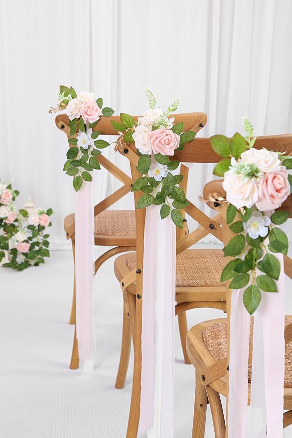 Artificial Pink Rose Wedding Aisle Flowers, 10 Pieces with Chiffon Ribbon