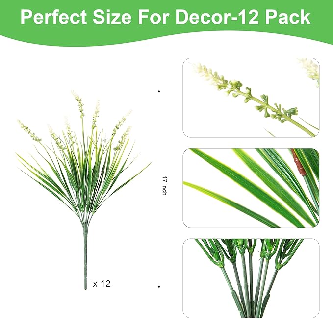Artificial Monkey Grass Greenery Stems, 12 Bundles, 17 Inch, White
