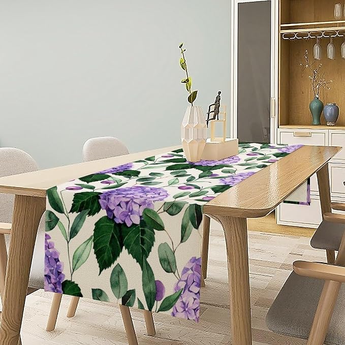 Spring Hydrangea Flower Table Runner, Seasonal Summer Plants Eucalyptus Leaves Purple Florals Dinner Runner for Home Kitchen Dining Table Party Holiday Decoration 13"x90"