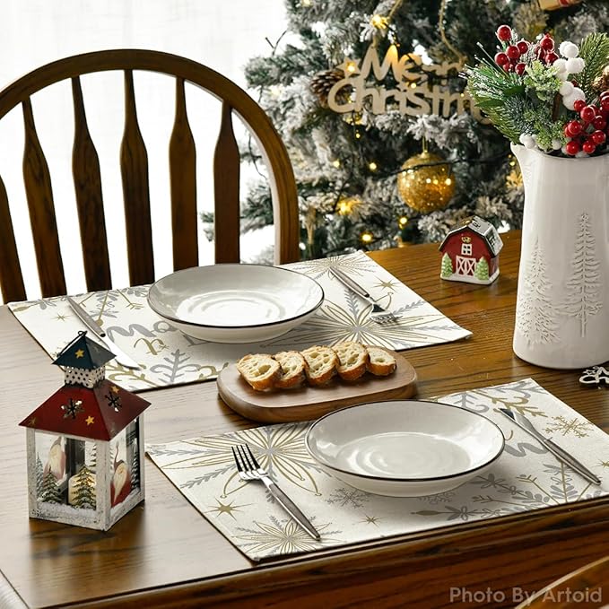 Artoid Mode Beige Snowflake Let It Snow Winter Placemats Set of 6, 12x18 Inch Seasonal Christmas Table Mats for Party Kitchen Dining Decoration