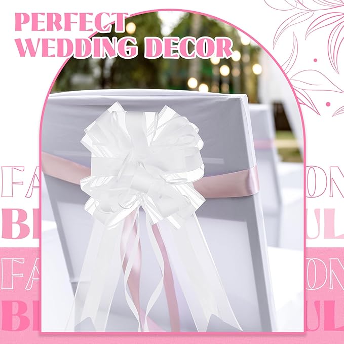 Gift Wrap Bows, 24 White Pull Bows with Ribbon for Weddings and Parties