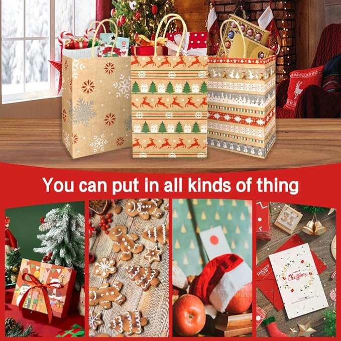 STPIYFZU Christmas Gift Bags, 25 Pack Small Christmas Gift Bags with Handles, Xmas Kraft Paper Bag Bulk with Tissue Paper, Xmas Holiday Present Bag (8.2" x 6" x 3.1")