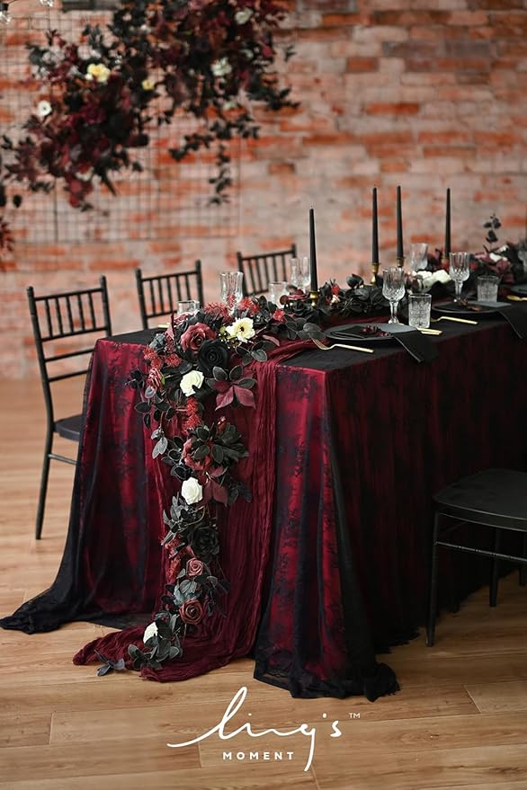 Ling's Moment Flower Garland - 6FT Eucalyptus & Rose - Sweetheart Table Decor for Wedding Reception, Artificial Floral Garland for Mantle, Thanksgiving, Christmas Decoration, Black & Burgundy